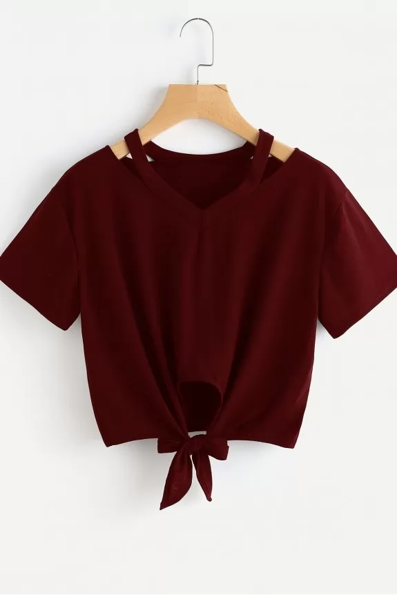 Cut Out V Neckline Knot Front Tee