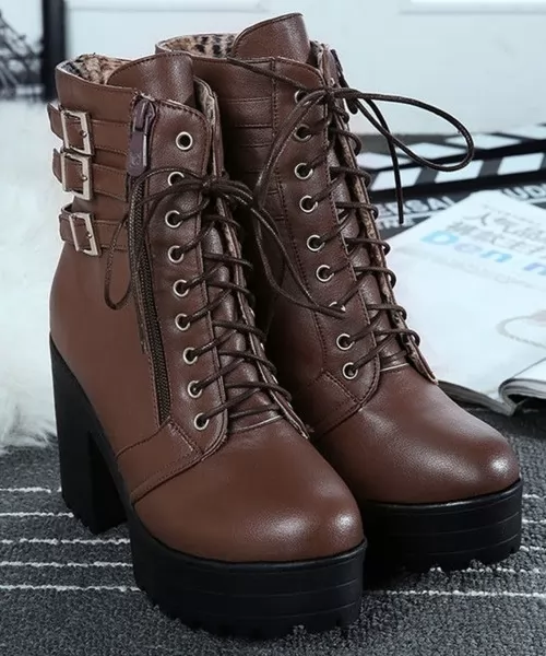Chunky Heel Buckled Lace Up Short Boots