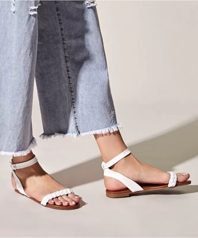 Braided Ankle Strap Flat Sandals White | Street Style Store | SSS
