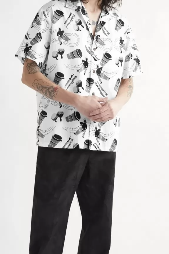 Men's White Camp-Collar Printed Shirt