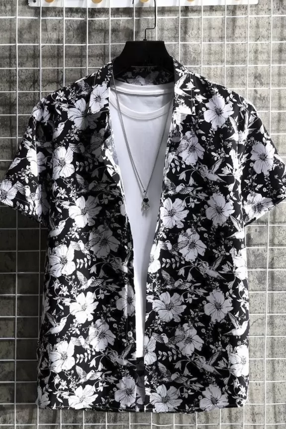 Men's Black Floral Button Up Shirt
