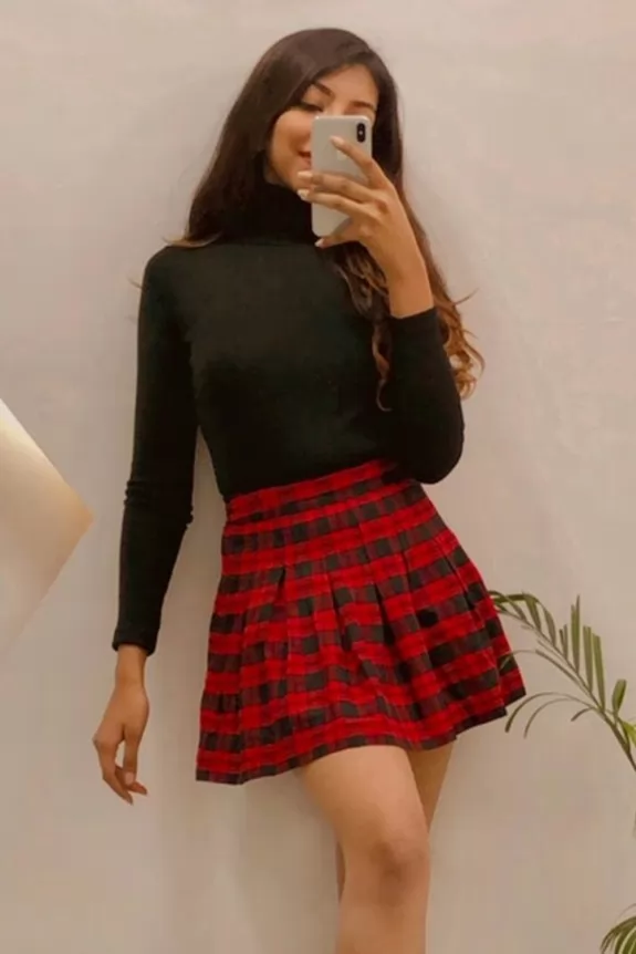 Set of 2: Black rib top with red check skirt