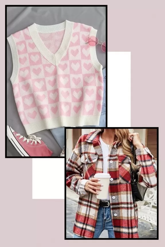 Set of 2: Winter Pink sweater with Red Plaid Shirt