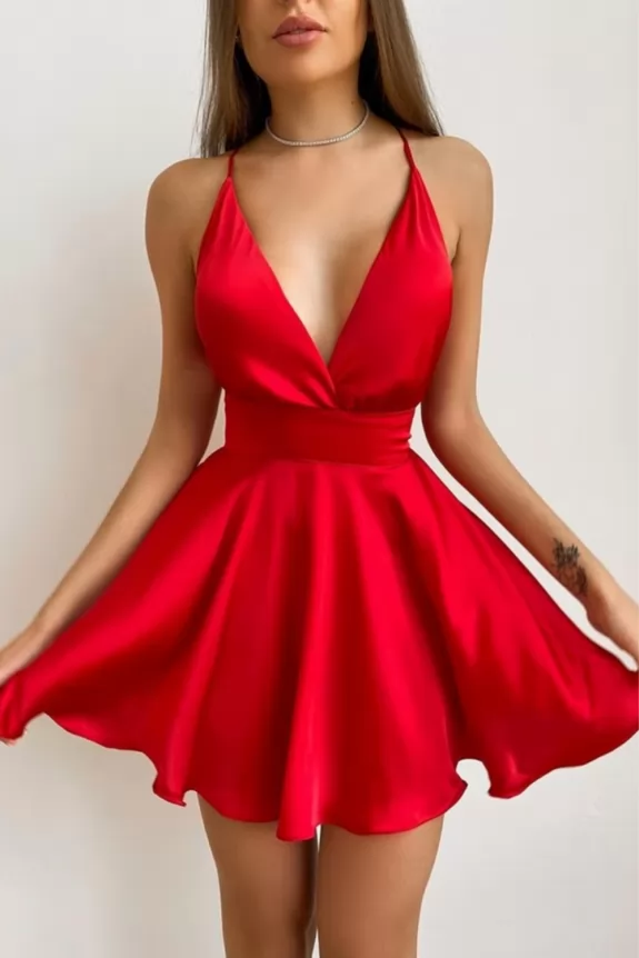 Deep Neck Red Satin Dress  Street Style Store Official