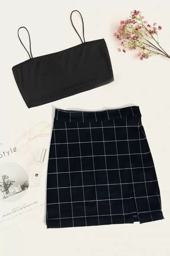 Set of 2: Black bralette top & plaid skirt