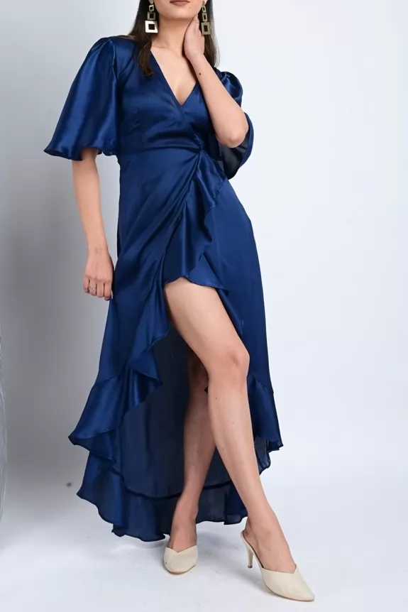 Blue Satin Ruffle Maxi Dress