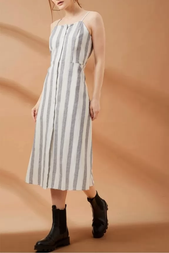 Button Down Stripes Cotton Midi Dress