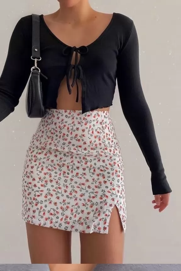  Set of Two-Black cardigan with printed skirt