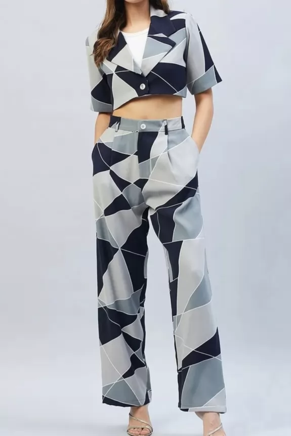 Set Of 2 - Rayon Print Crop Top With Trouser, Street Style Store