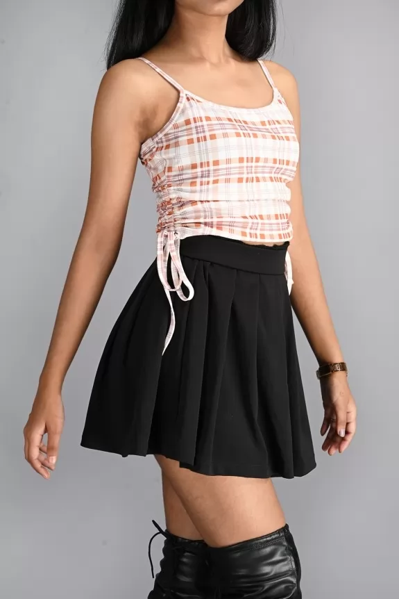 Set Of 2- Checked Print Crop Top And Black Pleated Skirt