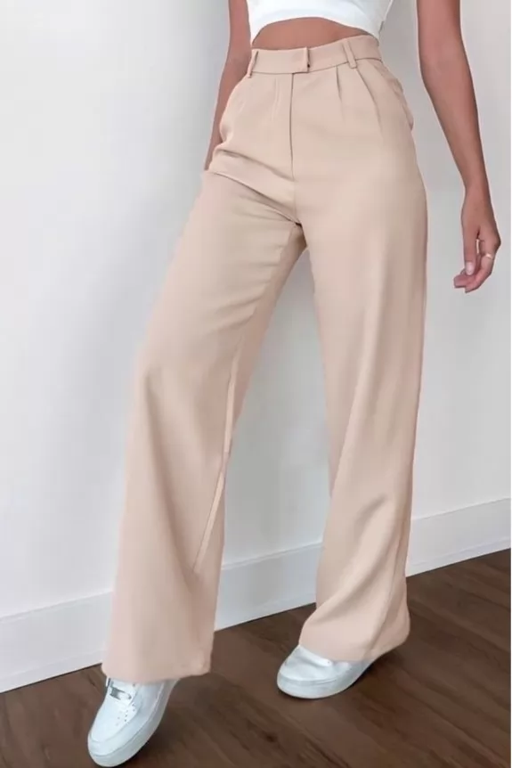 Set Of 2 -Beige Flared Formal pants & Beige Crop Shirt, Street Style Store