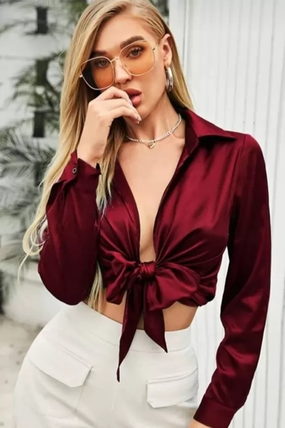 Maroon Front Knotted Satin Shirt Top