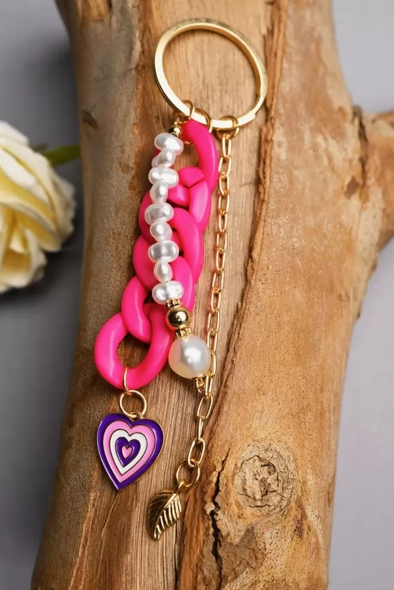 Pink & Purple Heart Charm With Pink Chain Keychain