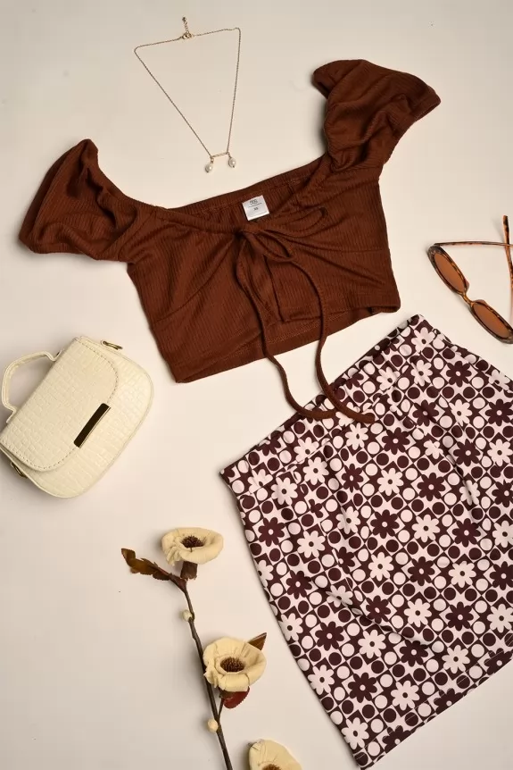 Set of 2- Cinnamon Brown Drawstring Crop Top With Fitted Floral Print Skirt