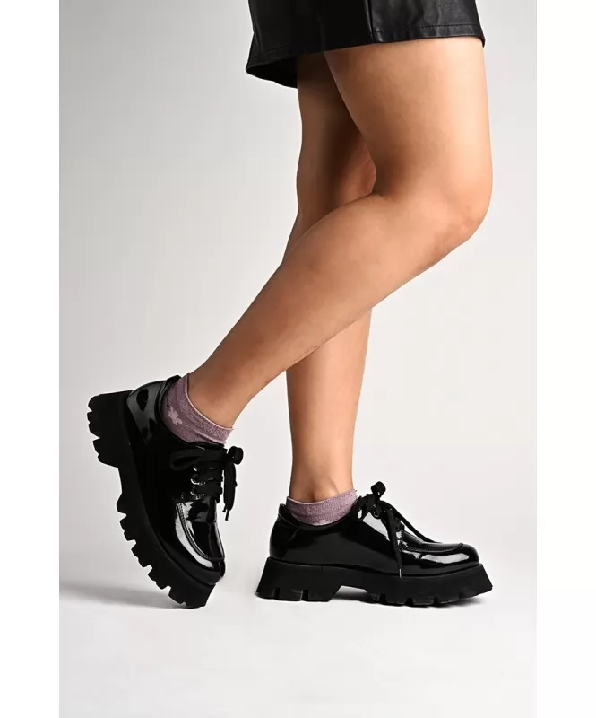 Patent Black Chunky School Sneakers with Medium High Platform