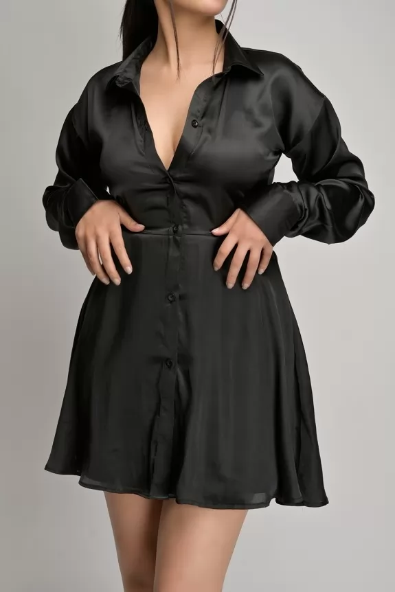 Kendall Jenner Inspired Black Satin Shirt Dress