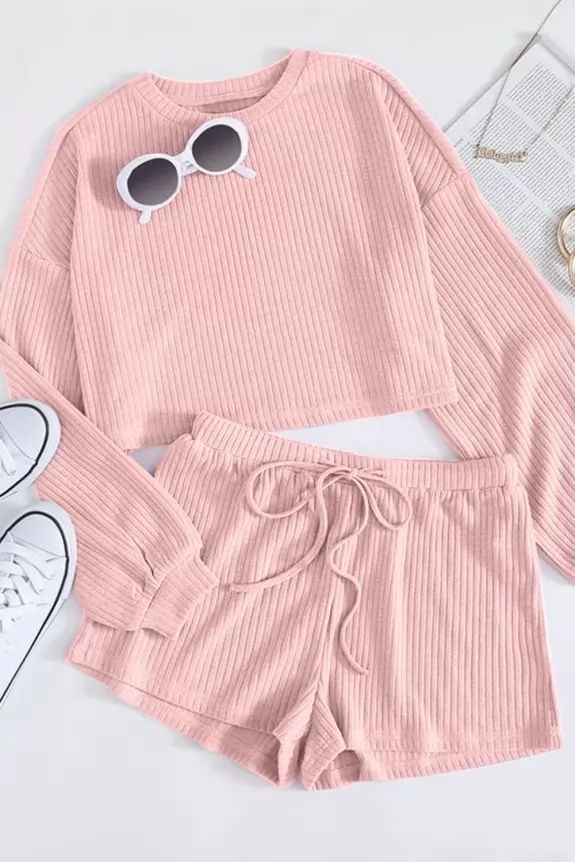 Set of 2-Rose Pink Drawstring shorts Two- Piece Outfit