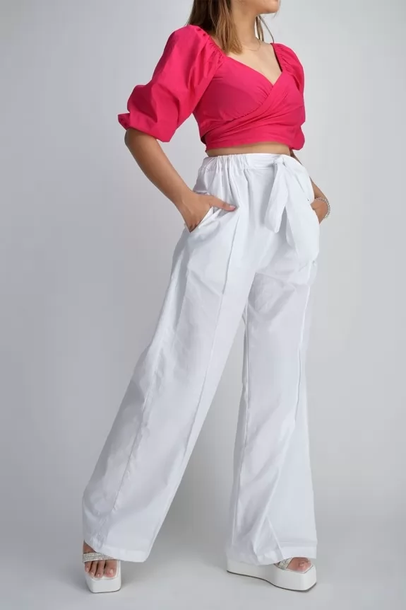 Set of 2-Pink Poplin Wrap Around Top With White Flared Cotton Trouser