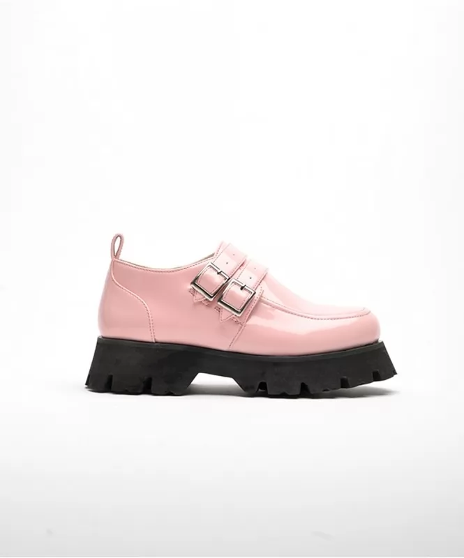 Polish Pink Patent Twin Buckle Moc Toe Shoe on EVA