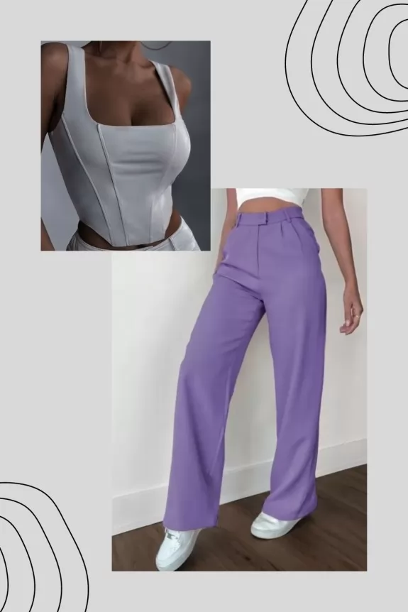 Set Of 2- White Corset Top & Purple Flare Formal Pant