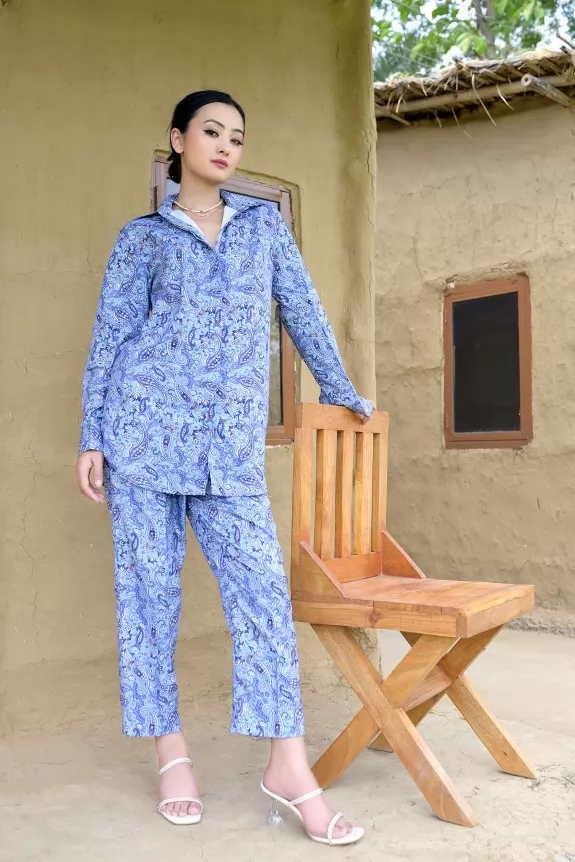 Set of 2- Blue Printed Oversized Shirt With Pants