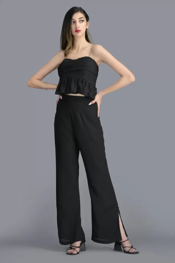 Set of 2- Black Peplum PLeated Front Style Top With Side Slit Trouser