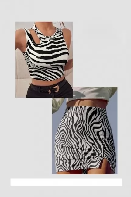 Set Of 2- Zebra Printed Mini Skirt With Crop Top