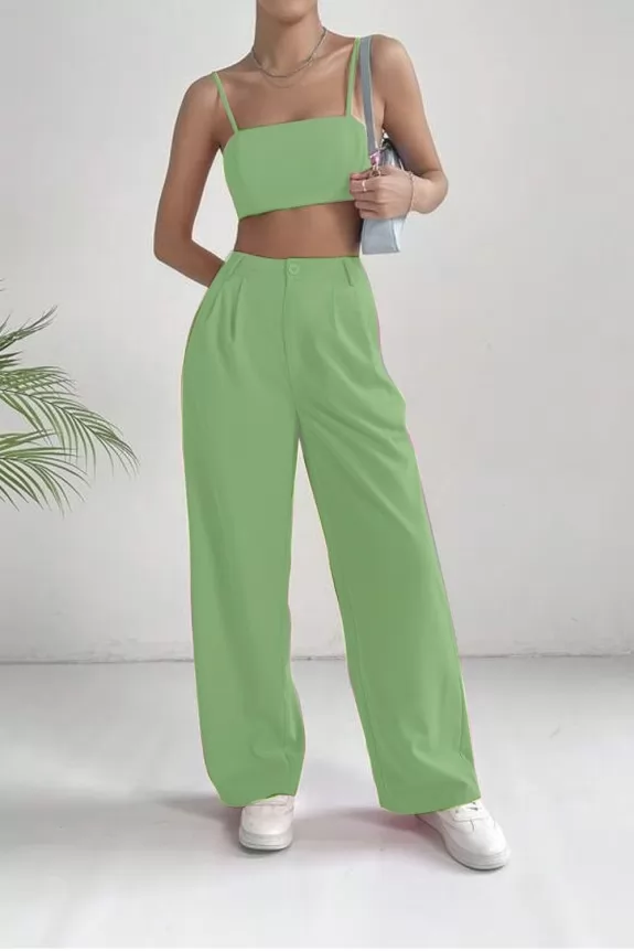 Set of 2-Green Crop Top With High Waist Trouser