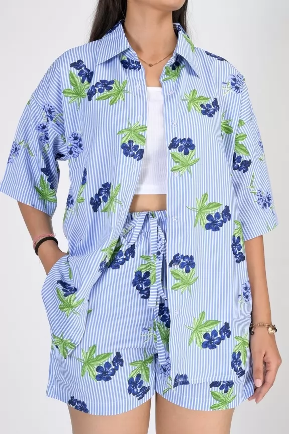 Set of 2- Blue Floral Printed Shirt With Shorts