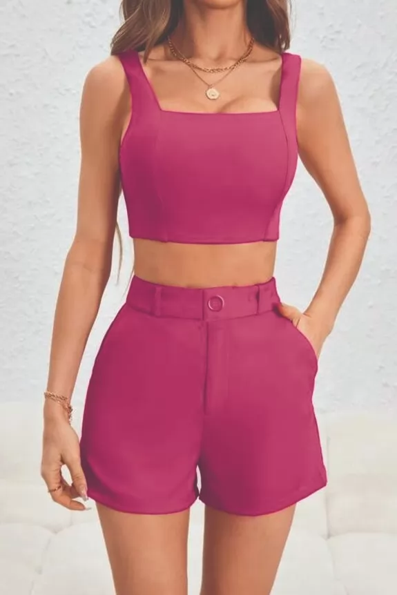 Set of 2- Beetroot Pink Crop Top With High Waist Shorts