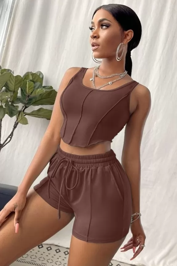  Set Of 2-Cinnamon Brown Casual Corset Crop Top With Shorts