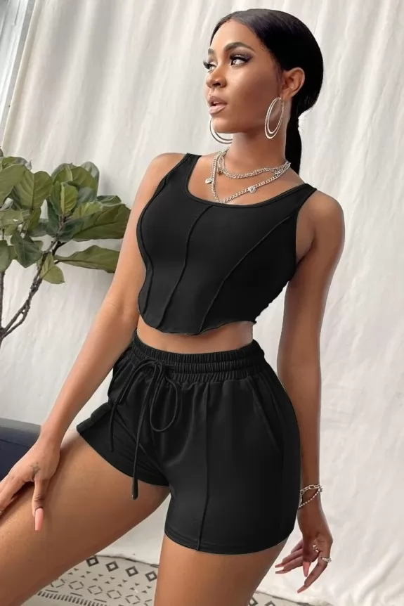 Set Of 2-Black Casual Corset Crop Top With Shorts, Street Style Store