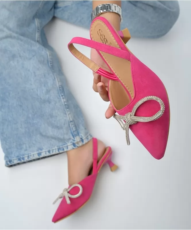 Linzi Hot Pink Satin Court Heels with Bow Embellishment | SilkFred