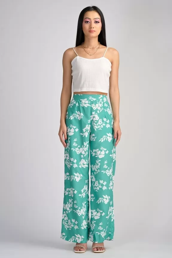Set of 2:- Floral Straight Pant with Rib Crop top