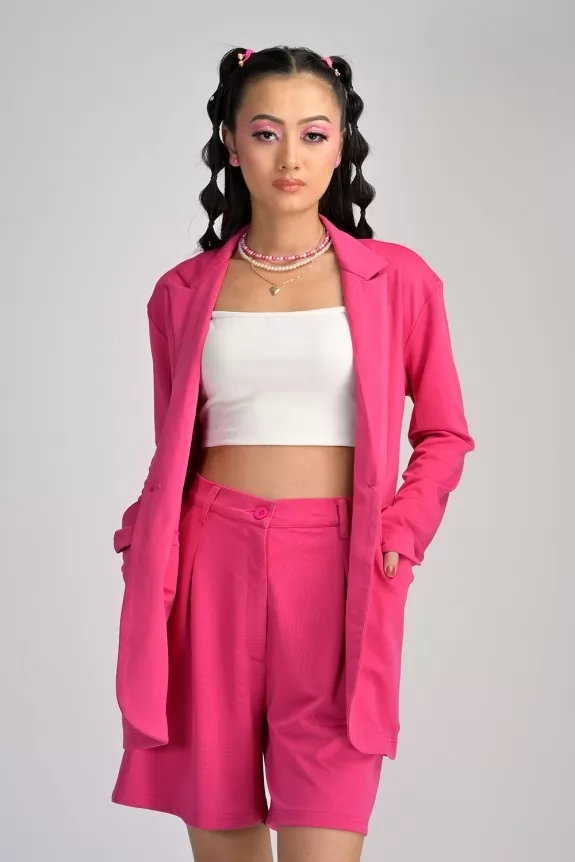Set of 3: Beetroot Pink loose Fitting Blazer & Cami Top With Shorts 