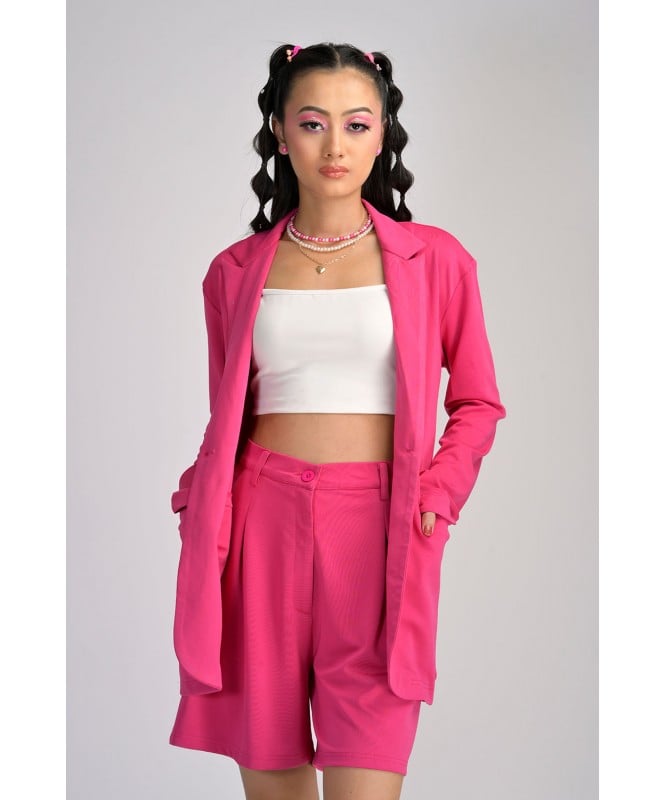 Set of 3: Beetroot Pink loose Fitting Blazer & Cami Top With Shorts