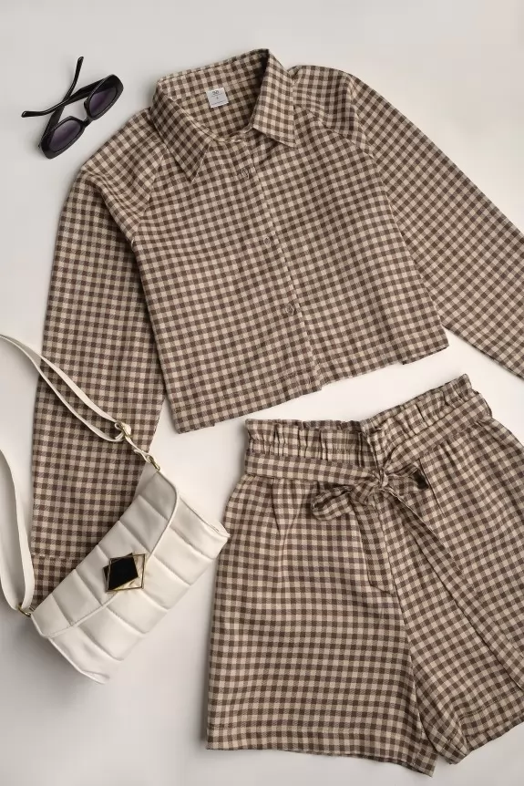 Set Of 2 - Beige Checked Shirt & Shorts