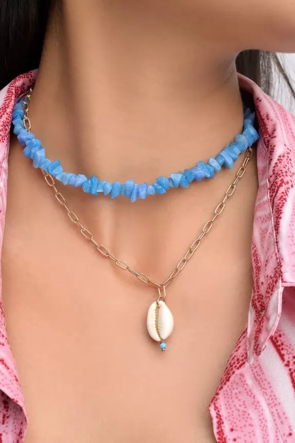 Blue Crushed Stone Beaded Chain Necklace