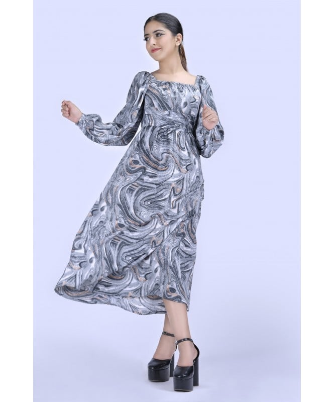 Abstract Print Wide Square Neck Long Maxi Dress