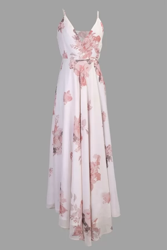Elegantly inclined cream floral cheap print wrap maxi dress