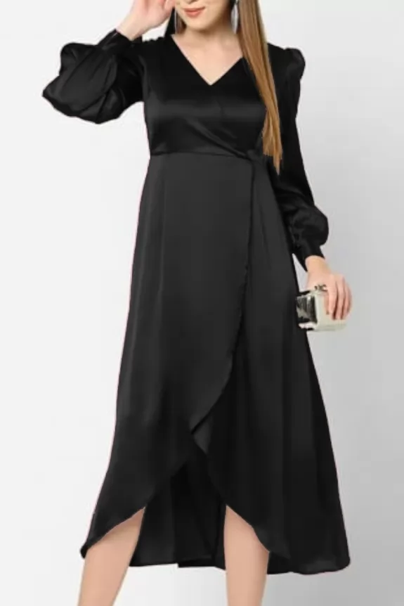 Black Satin long full sleeve dress