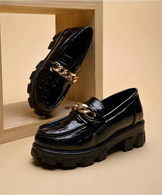Black croco golden saddle loafers