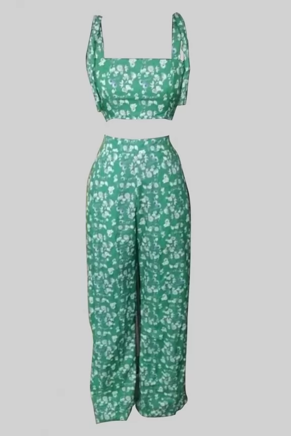 Set Of 2-Floral Printed  Shoulder Tie Top With Wide-Leg Trouser