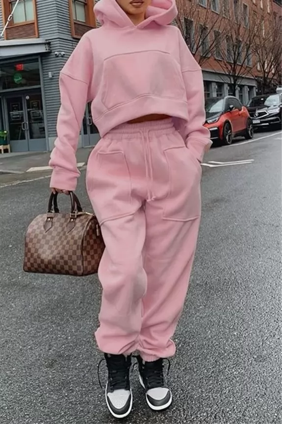 Set Of 2 -Candlelight peach Over Sized Crop Hoodie  & Loose Jogger Pant