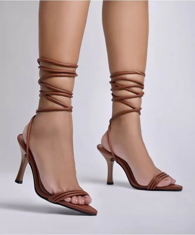Sleek brown strappy tie up heels 