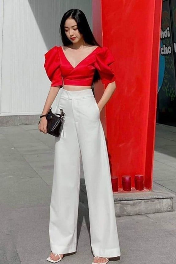 Set of 2-Red V-Neck Top With High Waist Trouser