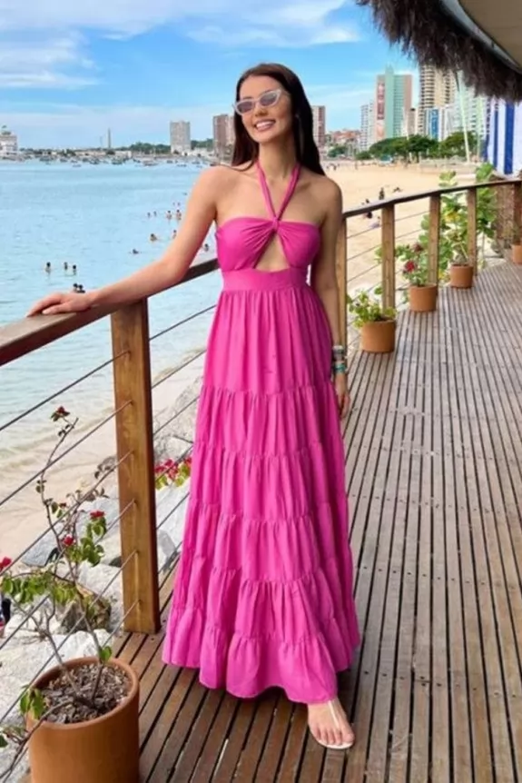 Cotton Pink Front Cut-Out Halter Neck Maxi Dress