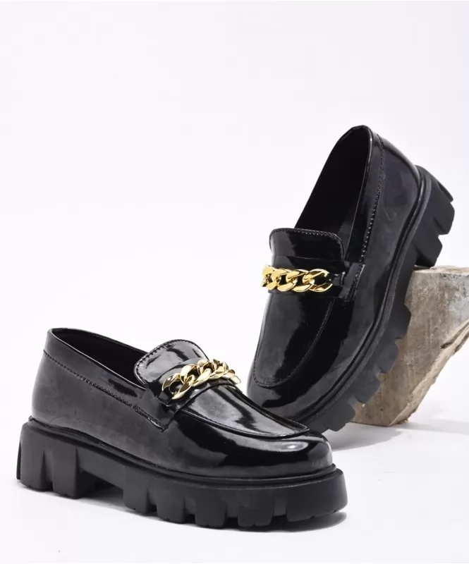 Black patent golden chain loafers