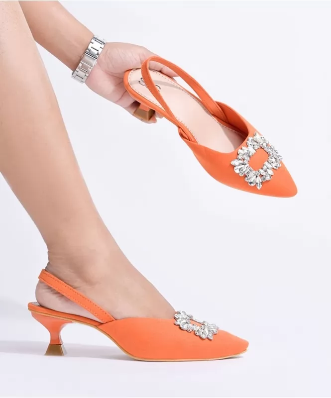 Rhinestone beauty orange suede heels 