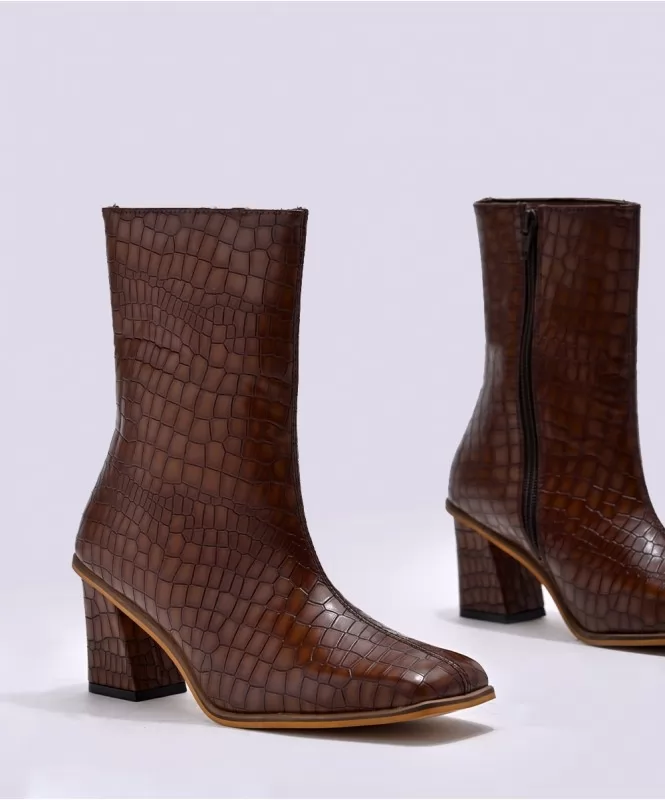 Brown croco square toe boots 